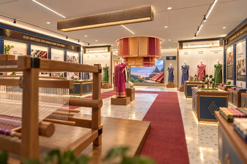 Entrance view past the working loom towards the textile installation and saree displays.
