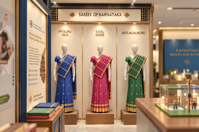 Sarees of Karnataka: Mysuru silk, Ilkal and Molakalmuru, displayed with a village miniature.