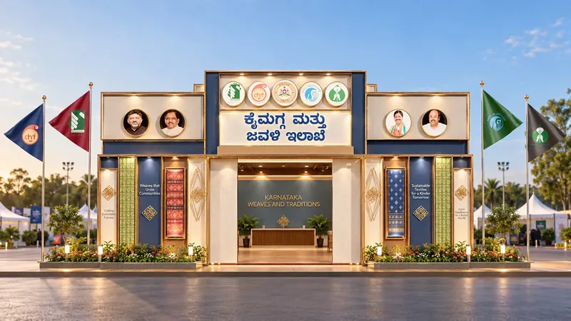 Front elevation: department crests, Kannada signage and the Karnataka Weaves and Traditions entrance.